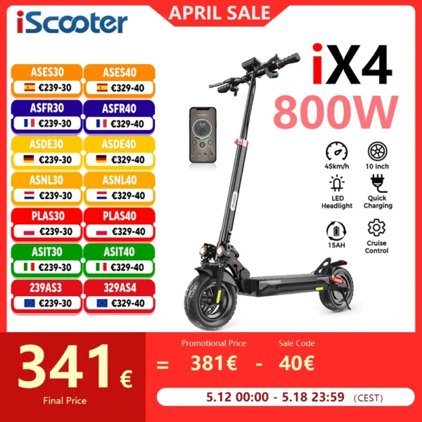 iScooter Ix4 Electric Kick Scooter 800W 10 Inch
